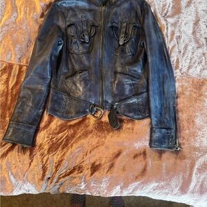 Peruzzi Denim Blue Leather Moto Jacket from Florence Italy Size 48